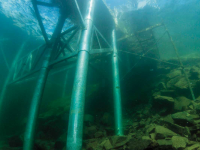 Underwater view of pile dock with underwater bracing
