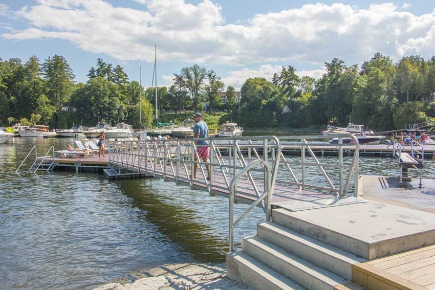 Gangway to custom swim dock at Basin Harbor Resort