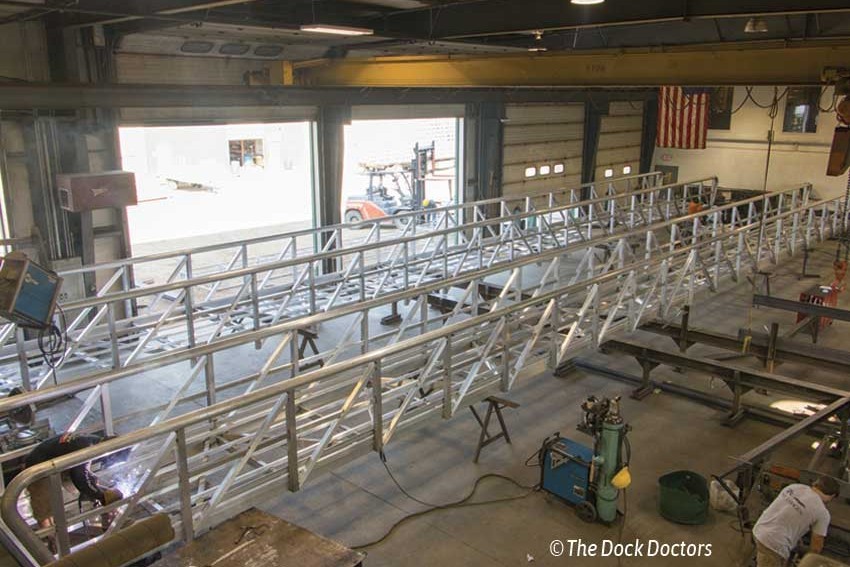 Two aluminum gangways during fabrication in our manufacturing facility