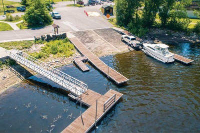 Our heavy duty aluminum floating dock and aluminum gangway at a NYSDEC public access - Plattsburgh, NY