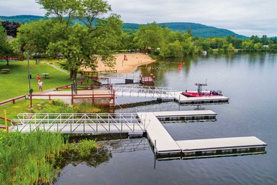 Heavy duty aluminum floating docks & gangways serve as public launch and dock for Dive & Rescue boat. Village of Corinth, NY