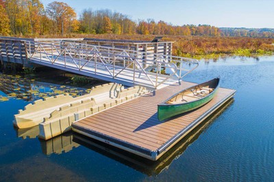 Heavy duty aluminum floating dock with composite decking and aluminum gangway with aluminum decking - Round Lake Preserve, Mechanicville, NY