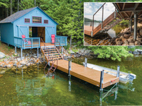 Articulating dock with our pile dock foundation and boathouse. Boathouse also designed & constructed by The Dock Doctors.