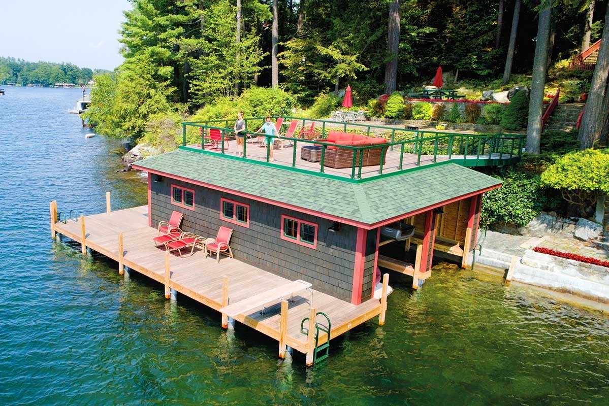 Boathouse with sundeck style roof and two boat slips