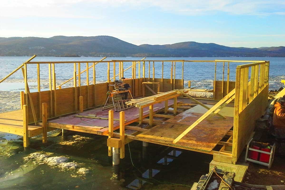 Boathouse during construction with the pile dock foundation in place