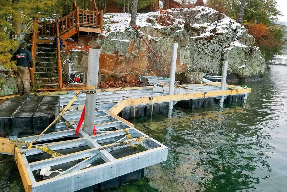 Boathouse during construction - our pile dock serves as the foundation