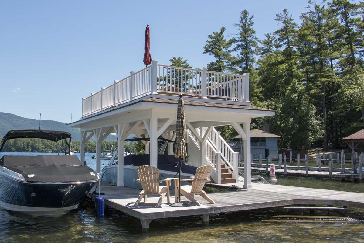 Open-style boathouse with sundeck roof