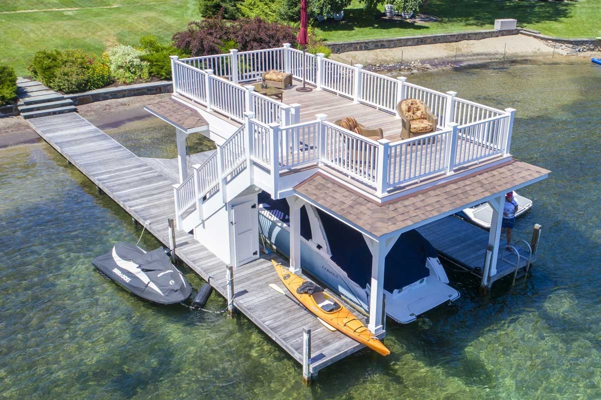 Open-style boathouse with sundeck roof