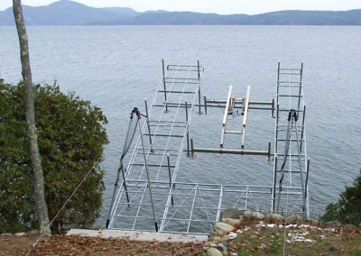 Articulating dock and boatlift raised for winter storage