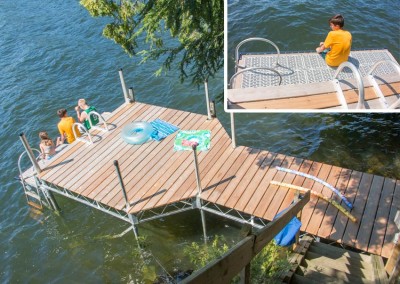 Articulating dock with lower access swim platform with flow-thru decking