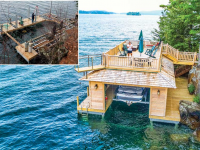 Pile dock in progress (inset), complete boathouse with sundeck