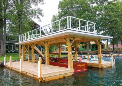 Sundeck style boathouse with crib dock foundation