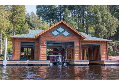 Completed boathouse on floating boathouse foundation (wood finishing by others)