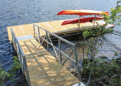 Steel truss floating dock with gangway, stiff arm anchor & lower kayak access dock