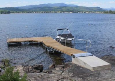 Heavy duty steel truss floating dock with chain and concrete anchoring system, Schroon Lake, NY
