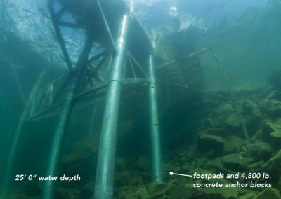 Underwater view of pile dock with stabilizing system in place