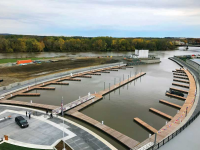 Curved floating docks at Mohawk Harbor and Casino