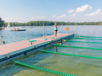 Floating summer camp docks with custom turn boards