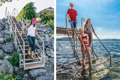 Left: Steel stair system for a rock shoreline. Right: Custom stairs for water access.