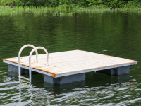 Two-piece galvanized steel frame swim float with cedar decking